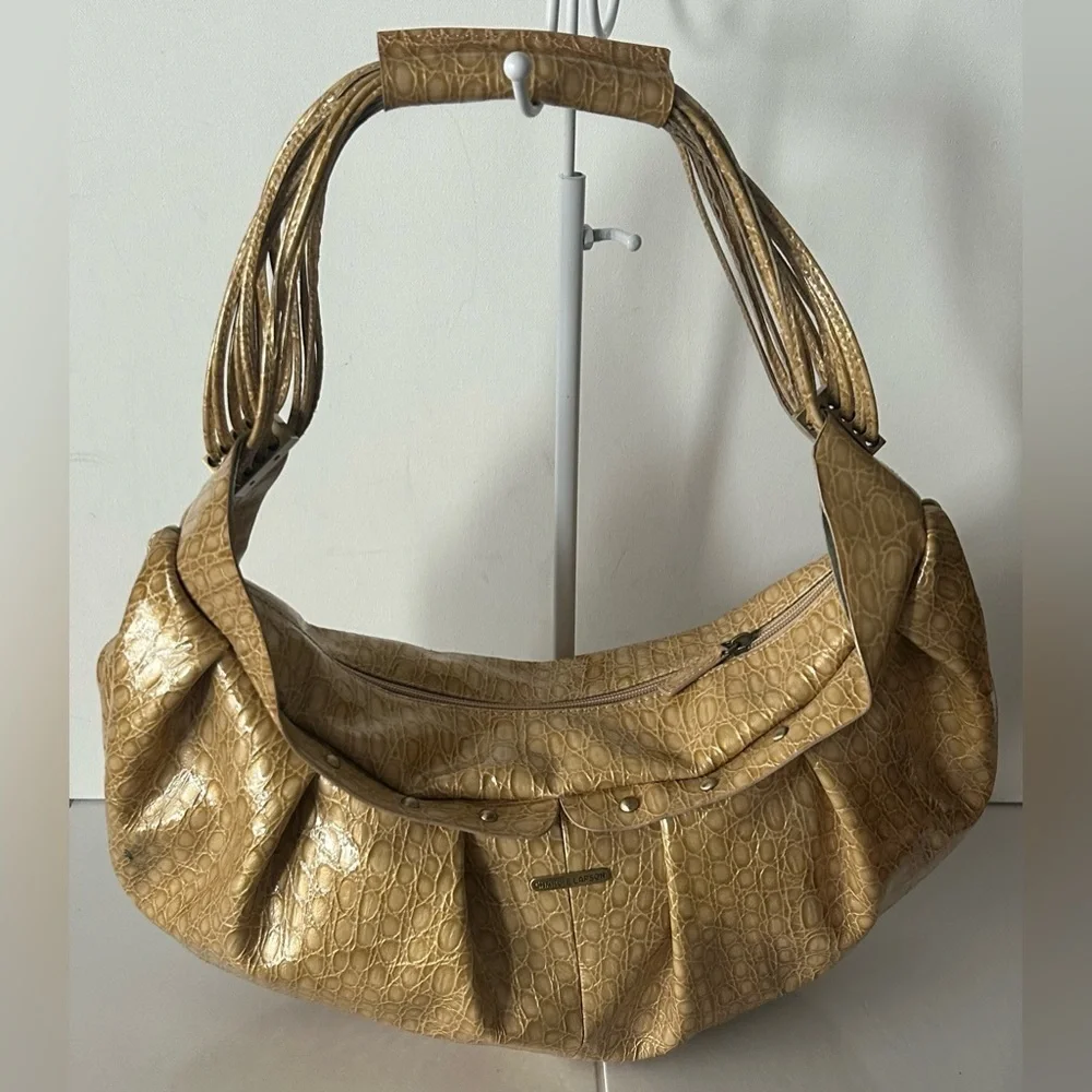Charlie Lapson Metallic Gold Croc Embossed Hobo Shoulder Bag